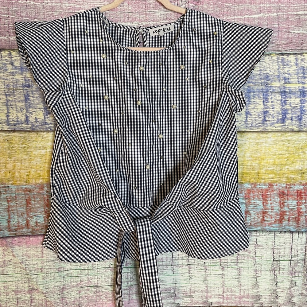 Kontrol Contemporary Cap Sleeve Perl Tie Waist Blouse Sz M